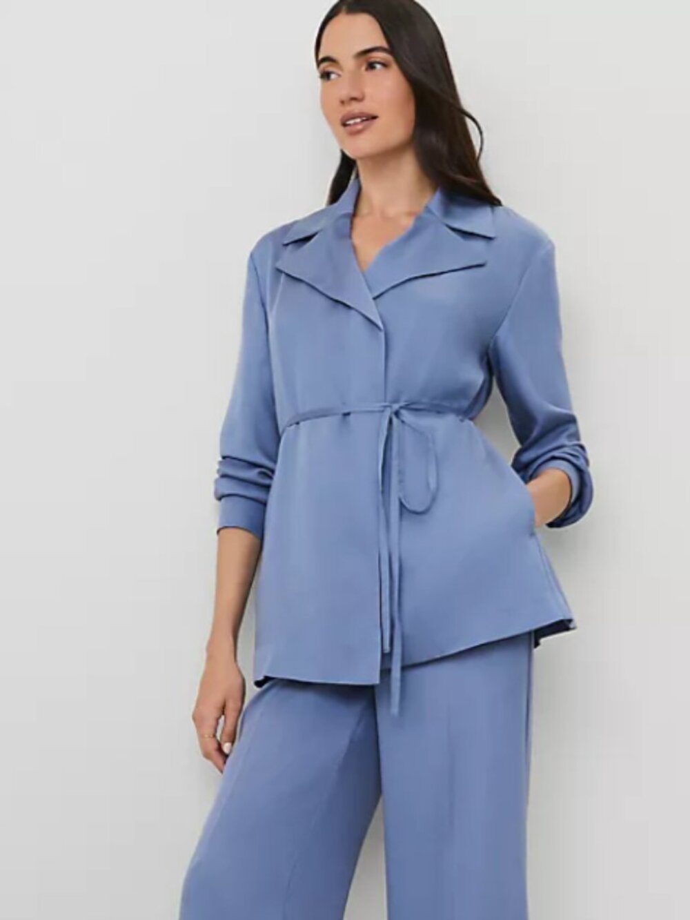 NEW ANN TAYLOR $189 COLONY BLUE SATIN WRAP BLAZER Petite SZ 6